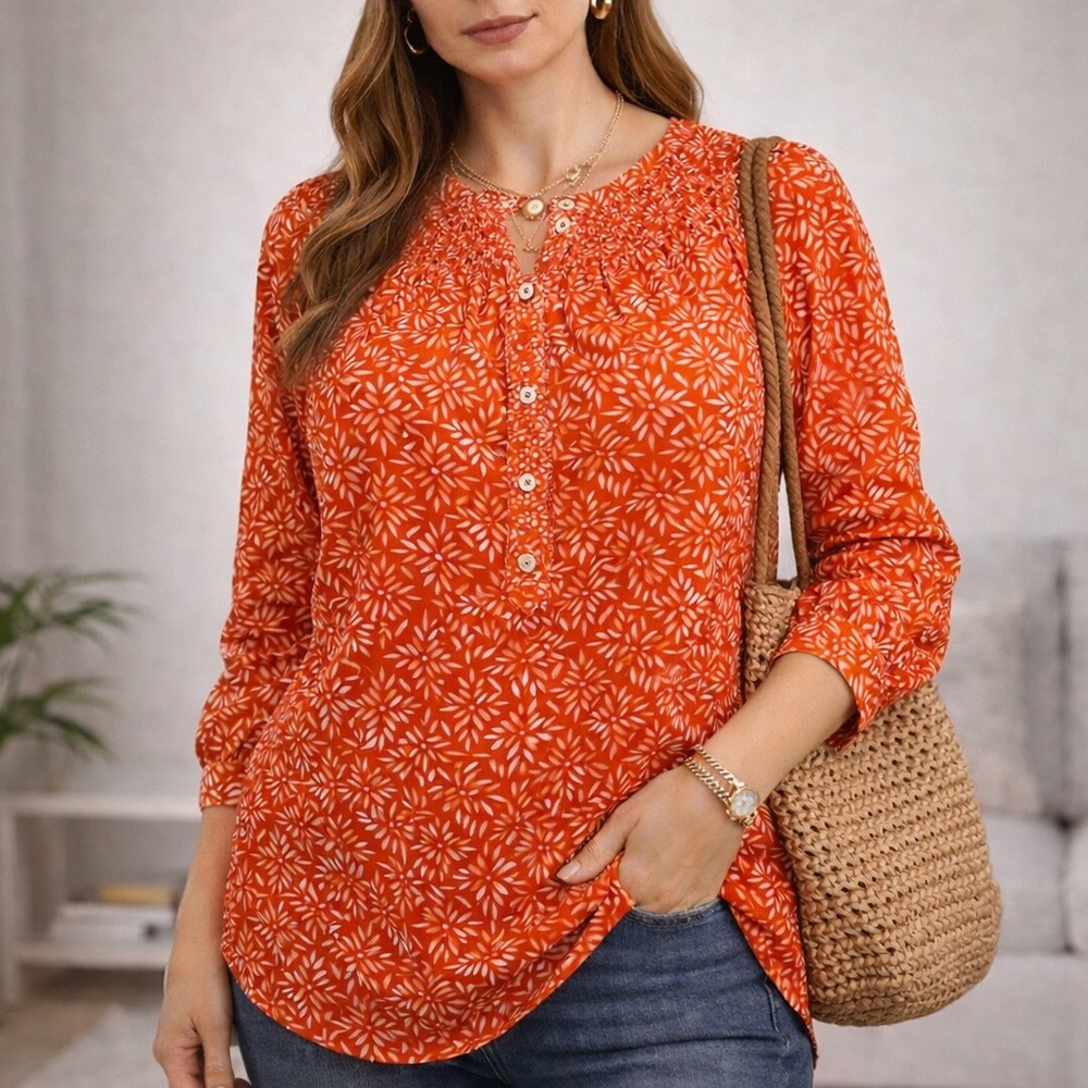 Talbots Orange Print Smocked Peasant Blouse Women’s Medium 100% Cotton